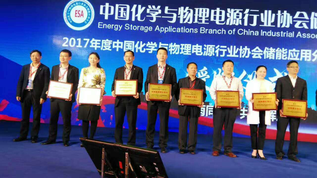 仟億達(dá)集團(tuán)總裁王元圓（左3）上臺(tái)領(lǐng)取中國化學(xué)與物理電源行業(yè) 協(xié)會(huì)儲(chǔ)能應(yīng)用分會(huì)副理事長(zhǎng)單位牌匾